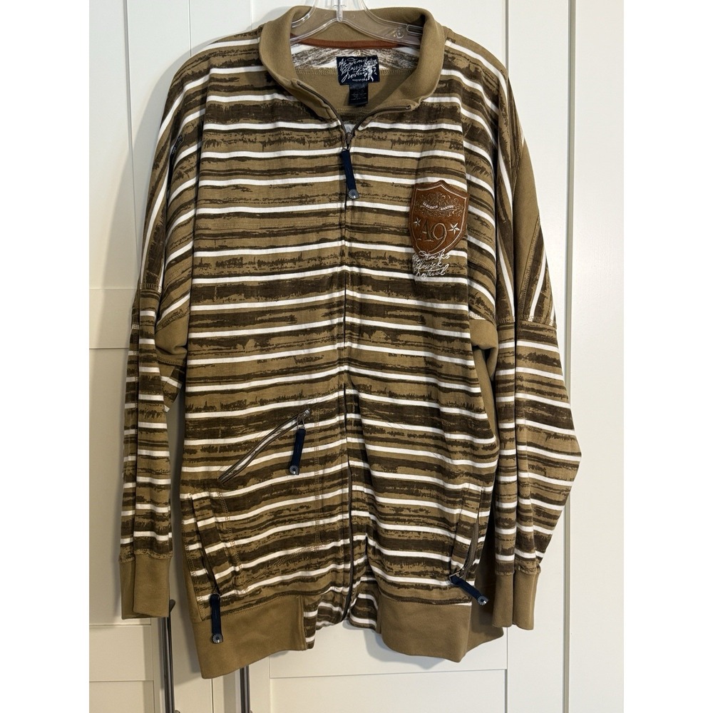 Akademiks Classic Material Zip Sweatshirt Tan Brown Stripe Jeanius Patch 2XL Y2K